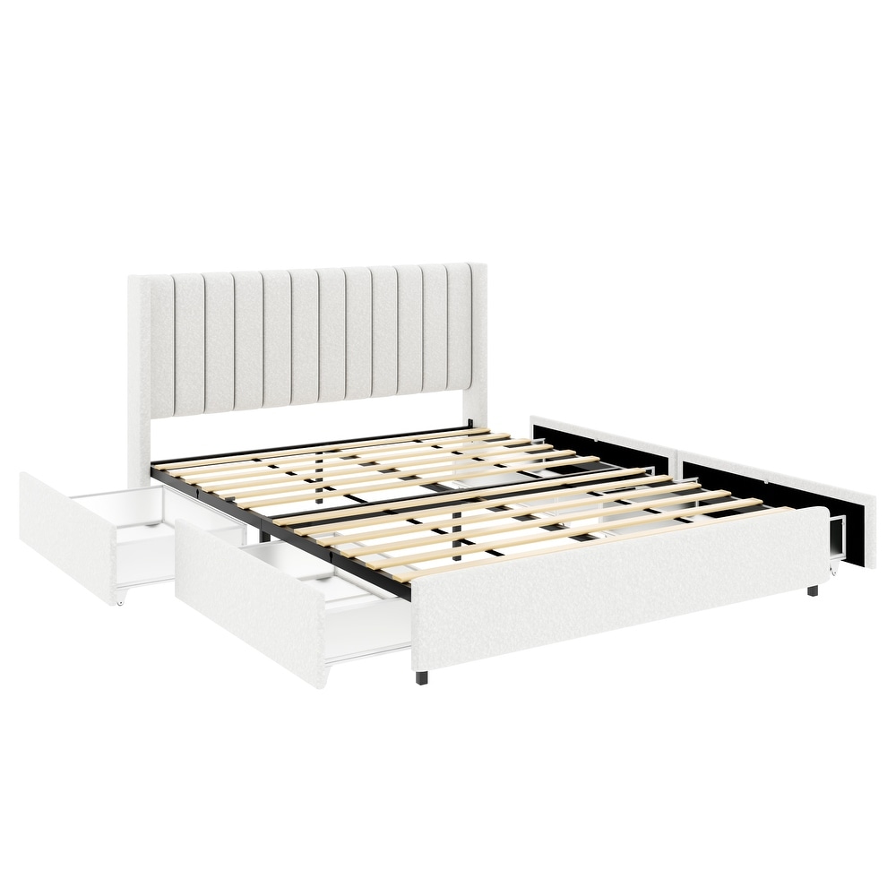 Queen Size Ivory Boucle Upholstered Platform Bed with 4 Storage Drawers  Tufted Headboard