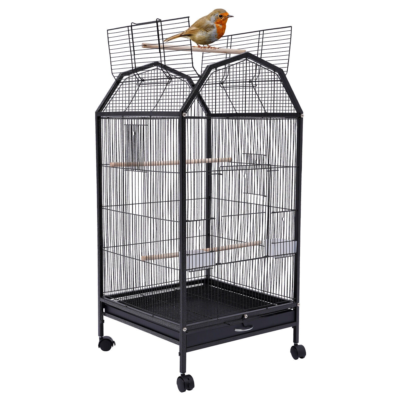 Miumaeov Black Iron Parakeet Bird Cage with Stand Metal Panorama Pet Bird Flight Cages with Wheels Feeding Cups and Standing Poles