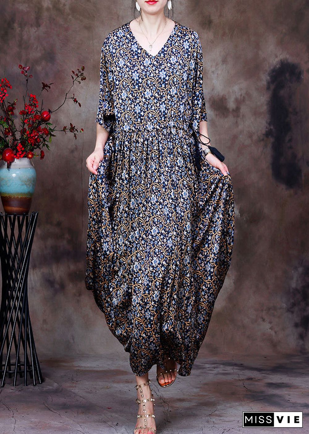 Vintage Blue Print V Neck Drawstring Silk Long Dresses For Women Half Sleeve