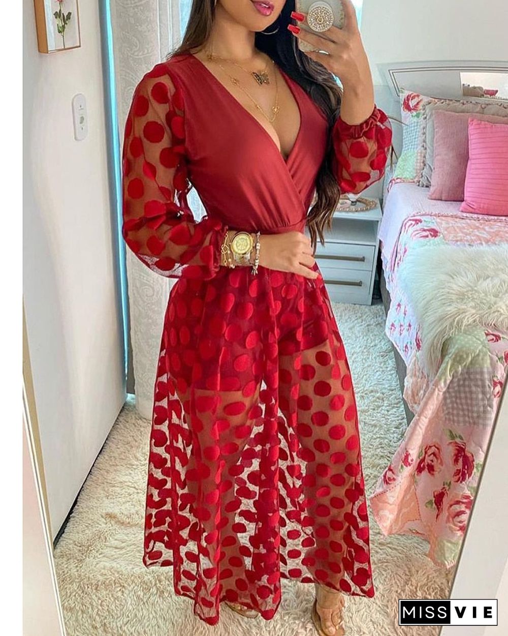 Women's Clothing Spring Polkadot Print Wrap Long Sleeve Maxi Dress See Through Party Wedding Formal Elegant Boho V Neck