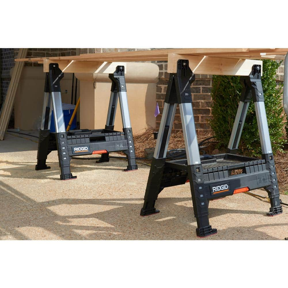 RIDGID 32 in. Polypropylene Folding Sawhorse with Adjustable Metal Legs 230710