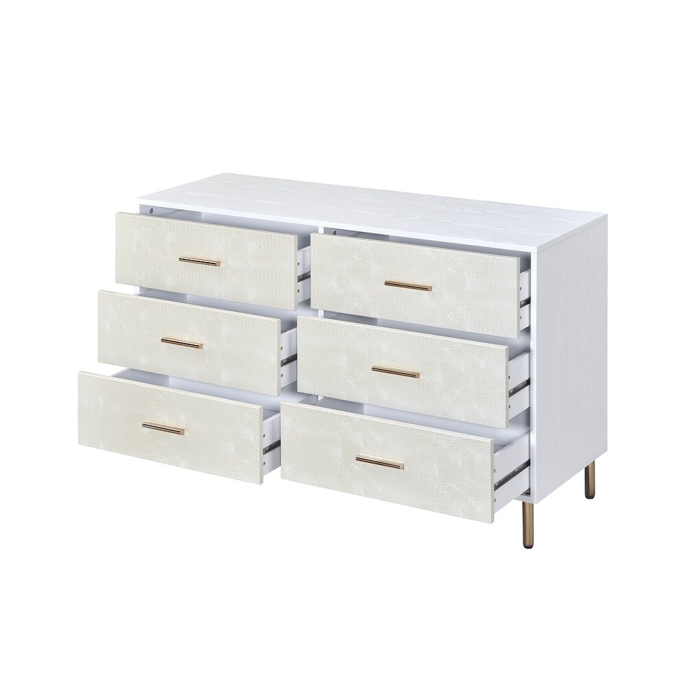 Contemporary Style 6 drawer Dresser  Metal Legs  Faux Crocodile Skin Pattern  2/3 Extension Drawer  Side Metal Glide Drawer