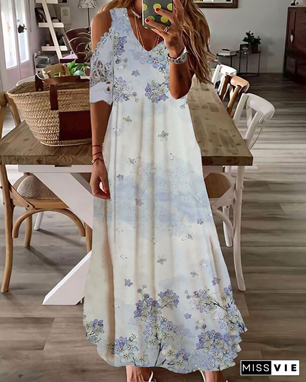 Casual V Neck Floral Print Long Dress