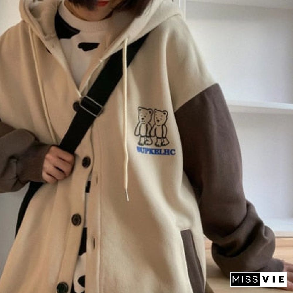 Vintage Long Sleeve Hoodie Sweetshirt Clothes Women Fashion Zip Up Cute Bear Hoodies Autumn Winter Coat Loose Harajuku Top