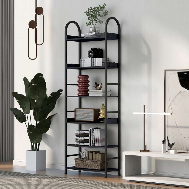 70.8 Inch Tall Bookshelf  6 tier Shelves with Round Top Frame