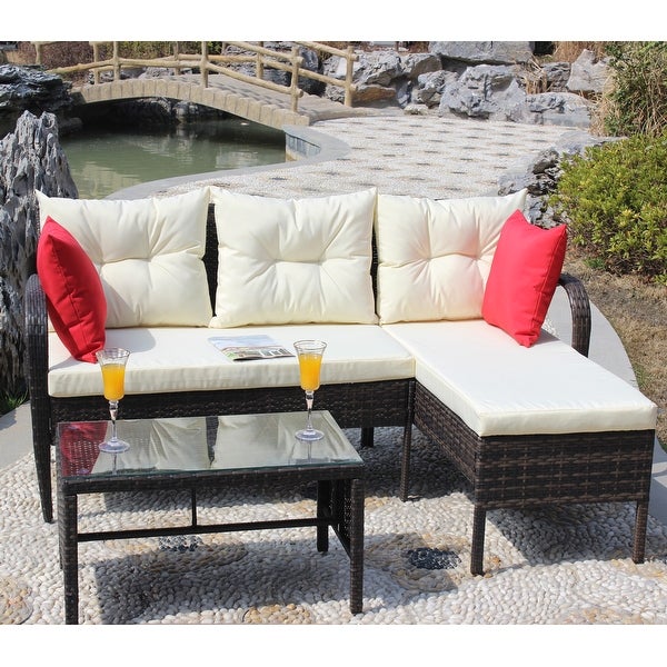 3-Pieces Outdoor Patio Furniture Sets for 3-4， Wicker Rattan Sectional Conversation Set with 2 Seat Cushions and 3 Back Cushions - Overstock - 37426701