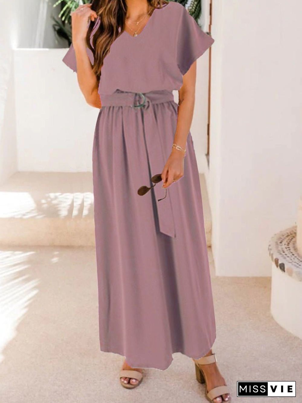 Women'S Dresses Loose Solid Belt Short Sleeve Dress