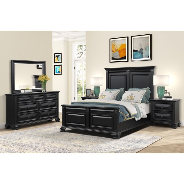 Roundhill Furniture Renova Vintage Black Wood Bedroom Set， Panel Bed， Dresser， Mirror， Two Nightstands - - 31525130