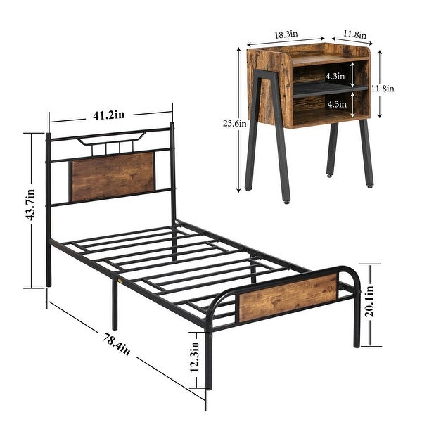 Taomika Industrial 3-pieces Bed and Modern Nightstands Set - - 35162740