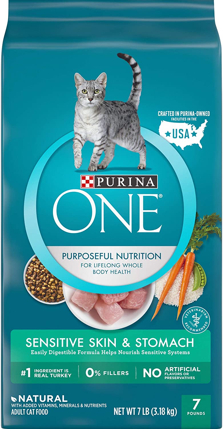 Purina ONE Sensitive Skin and Stomach With Real Turkey， Natural Adult Dry Cat Food 7 lb. Bag