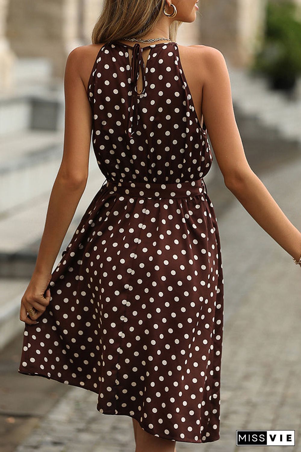 Dots Print Knot Waist Ruffle Mini Dress