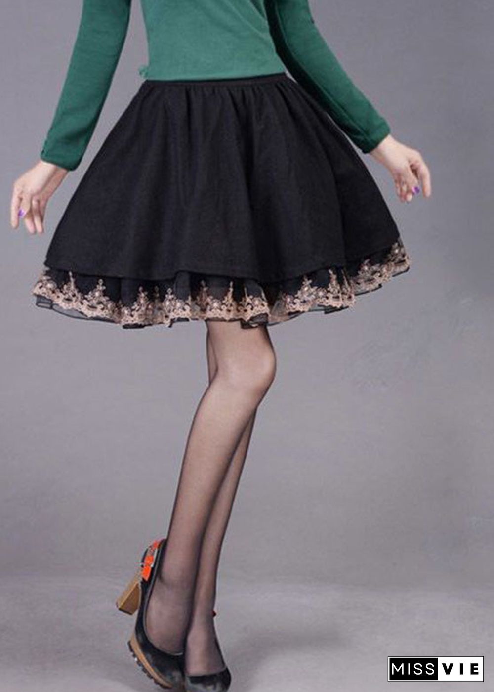 Women Chocolate Tulle Patchwork High Waist Woolen A Line Skirts Winter