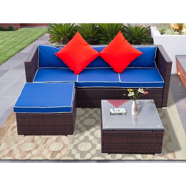 3 Piece Patio Aluminium Legs Wicker PE Rattan 2 Pillow Cushioned Outdoor Sectional Sofa Set with Glass Coffee TableandOttoman - Overstock - 35580408