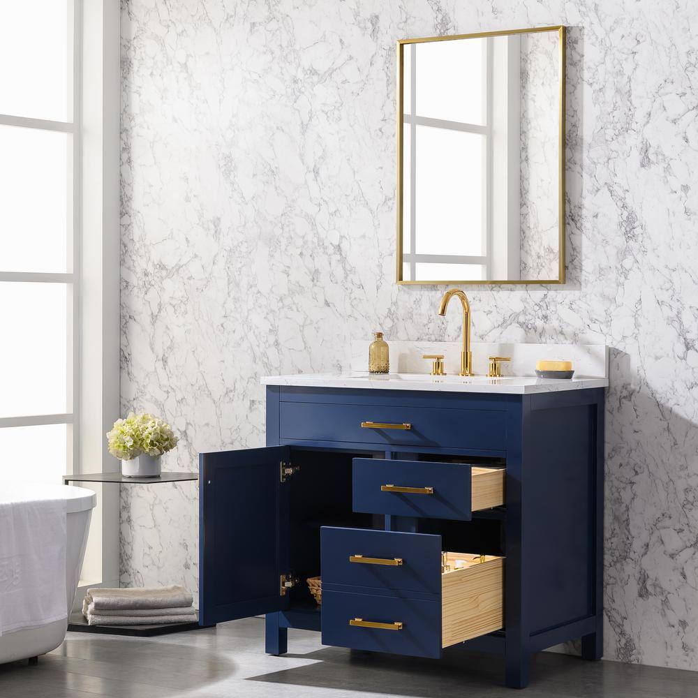 SUDIO Jasper 36 in. W x 22 in. D Bath Vanity in Navy Blue with Engineered Stone Vanity in Carrara White with White Basin Jasper-36NB