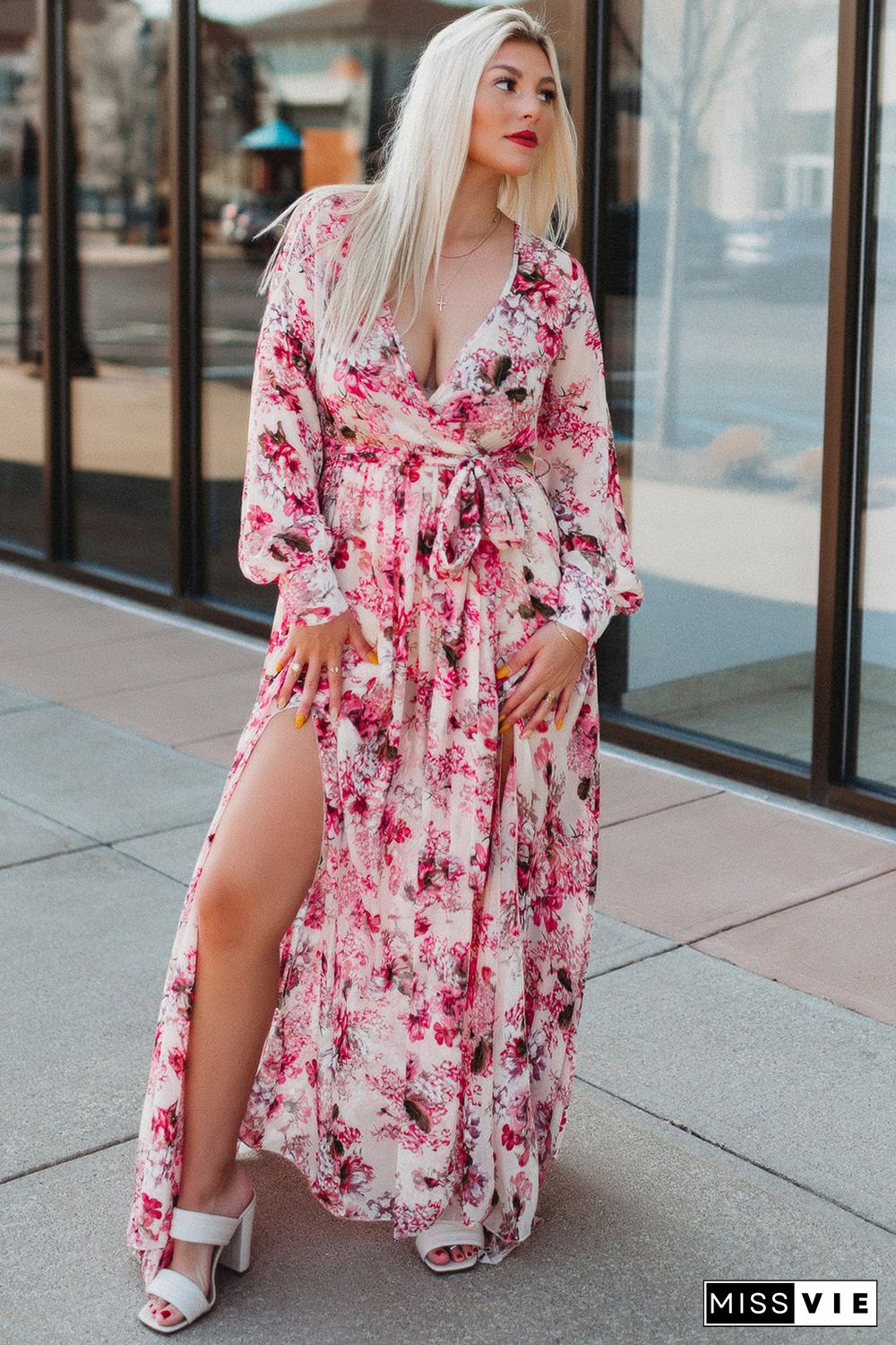 Pink Wrap V Neck Floral Maxi Dress