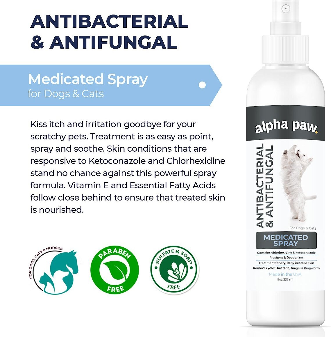 Alpha Paw Antibacterial and Antifungal Medicated Dog and Cat Spray， 8-oz bottle