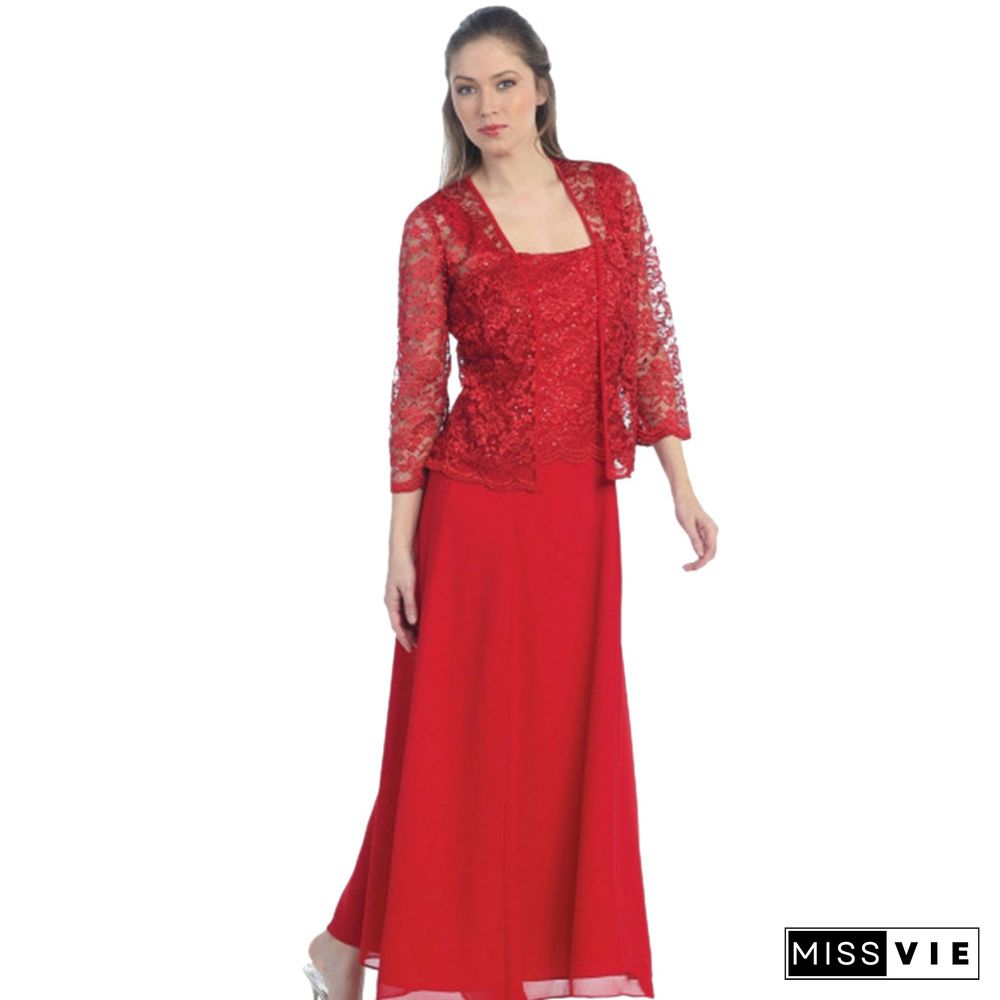 Plus Size 2-pieces Set Lace Cardigan Long Chiffon Dress Women Set