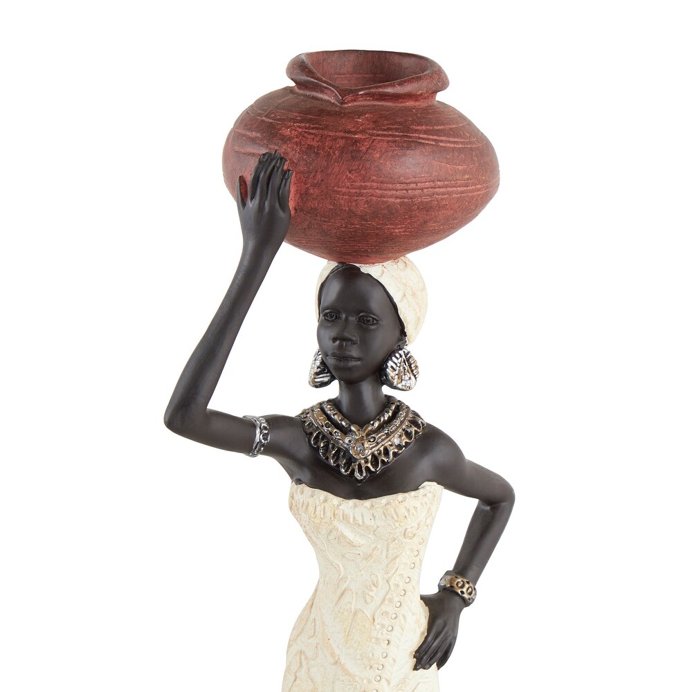 Cream Polystone Standing African Woman Sculpture with Red Water Pots and Black Base (Set of 2)   2 ASST 16\