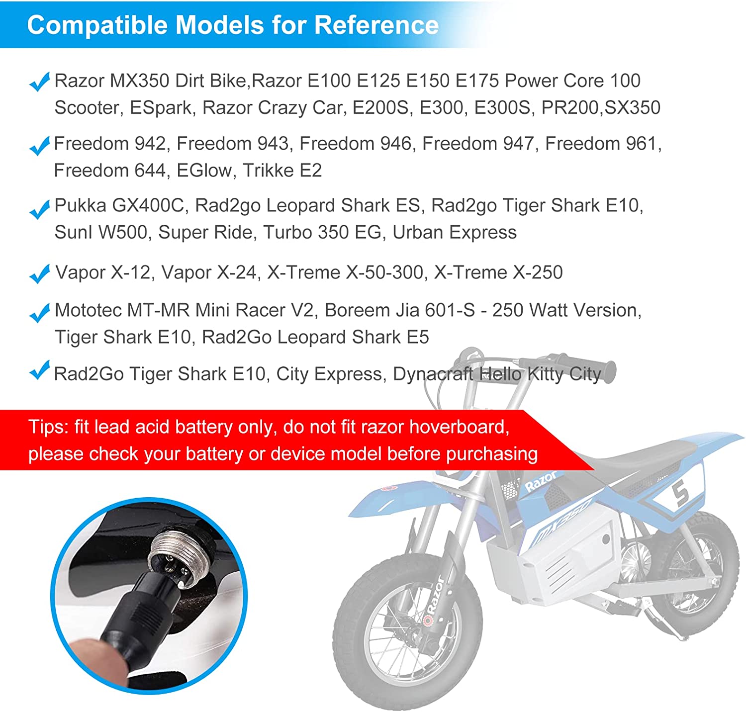 24V Scooter Battery Charger for Razor MX350 Dirt Bike, Power Core E100, E150, E175, E200, E300, Dirt Quad, Pocket Mod, Sports Mod, Go Kart 3-Prong Replacement Electric Scooter Part# W13112099014 6.5Ft