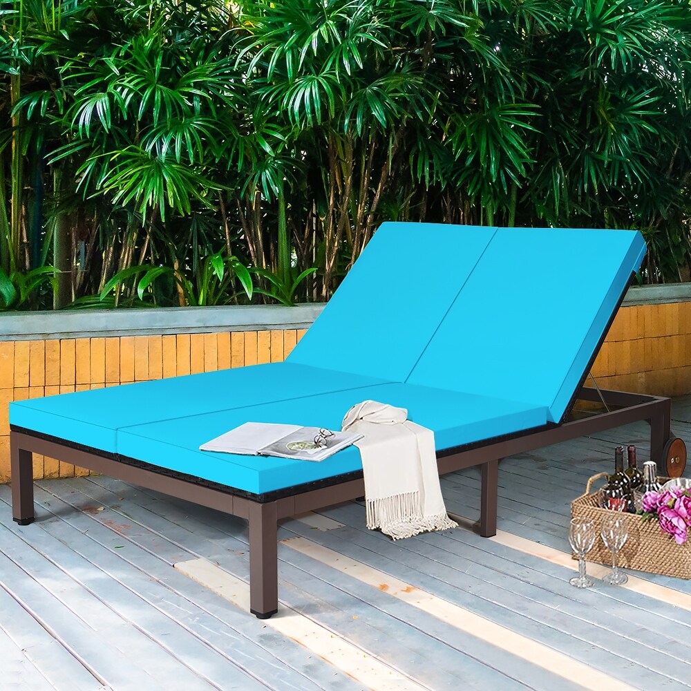 Costway 2 Person Patio Rattan Lounge Chair Chaise Recliner Adjustable   Turquoise