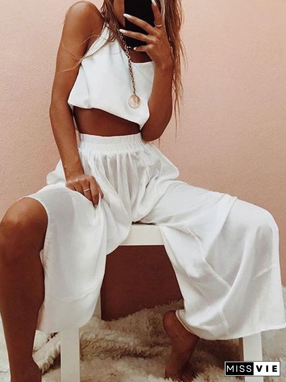 Women'S Sets Sling Crop Top & Wide Leg Pants Two-Piece Set