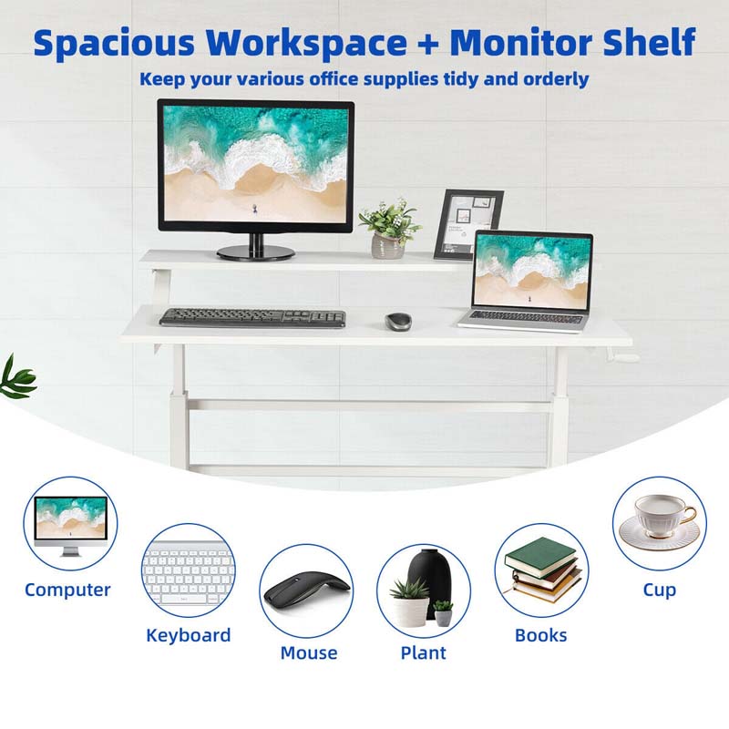 2-Tier Standing Desk, Height Adjustable Sit Stand Up Desk, Computer Desk Workstation with Monitor Stand & Foldable Crank Handle