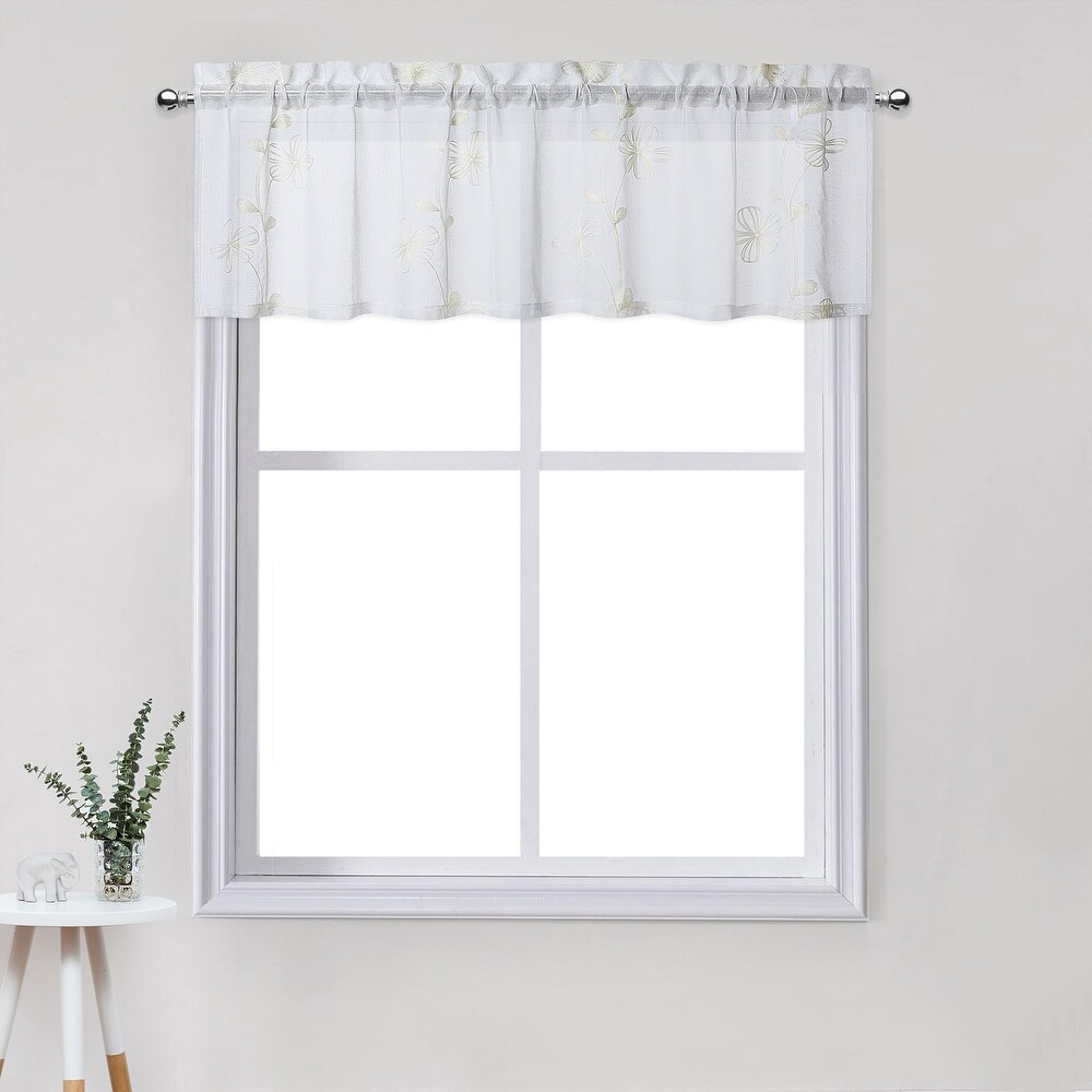 Sheer Kitchen Tier Curtains  Floral Embroidered Semi Sheer Short Curtain