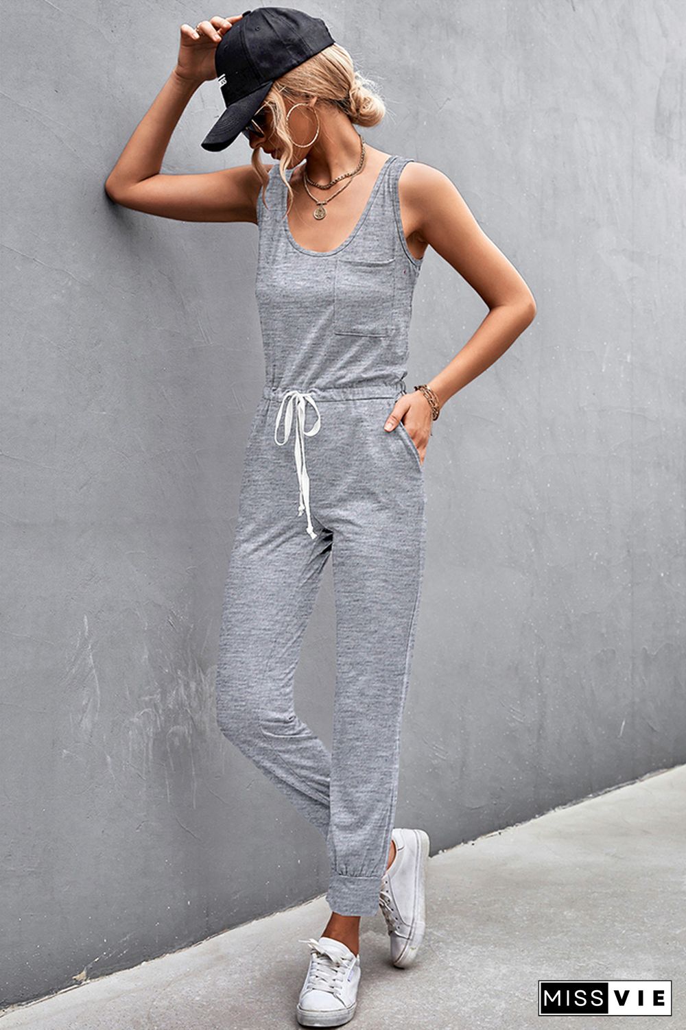 Strap U Neck Sleeveless Drawstring Waist Jumpsuit Wholesale