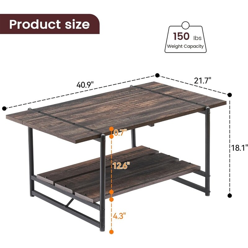 2 Tier Modern Industrial 41'' Large Wooden Coffee Table with Storage Shelf