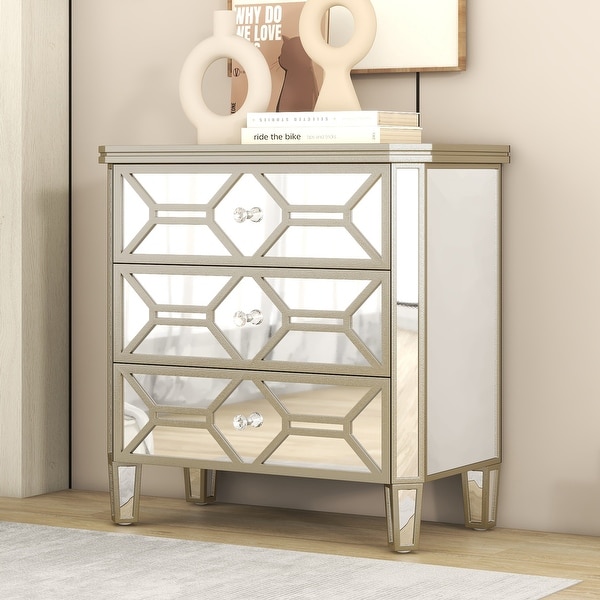 Elegant Mirrored 3-Drawer Chest with Golden Lines Storage Cabinet - - 37857299