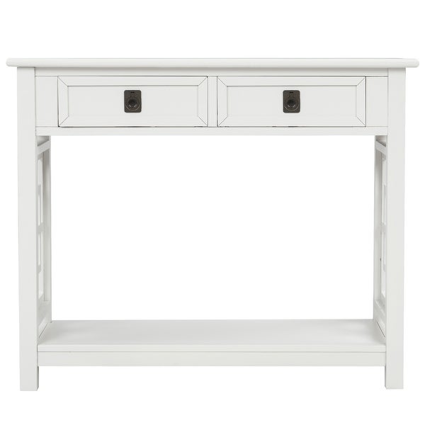 Wooden Rectangle Console Table with 2 Drawers and Bottom Shelf