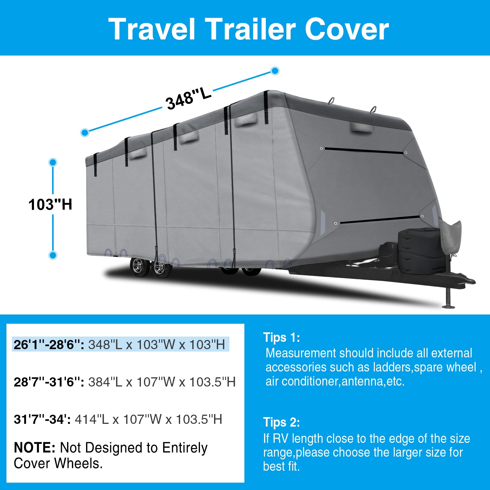 RVmasking 7 Layers Top RV Cover， 26-34' RV Covers for Travel Trailers Motorhome Anti-UV， Rip-Stop， Breathable with Tongue Jack Cover， 2Pcs Straps and Gutter Coversandnbsp;