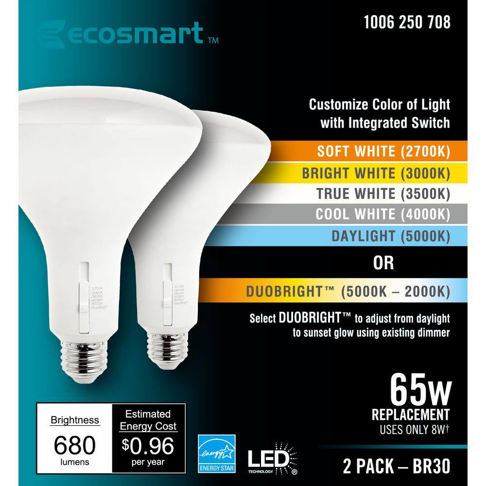 EcoSmart 65-Watt Equivalent BR30 CEC Dimmable LED Light Bulb with Selectable Color Temperature Plus DuoBright (2-Pack) A20BR3065WTES02