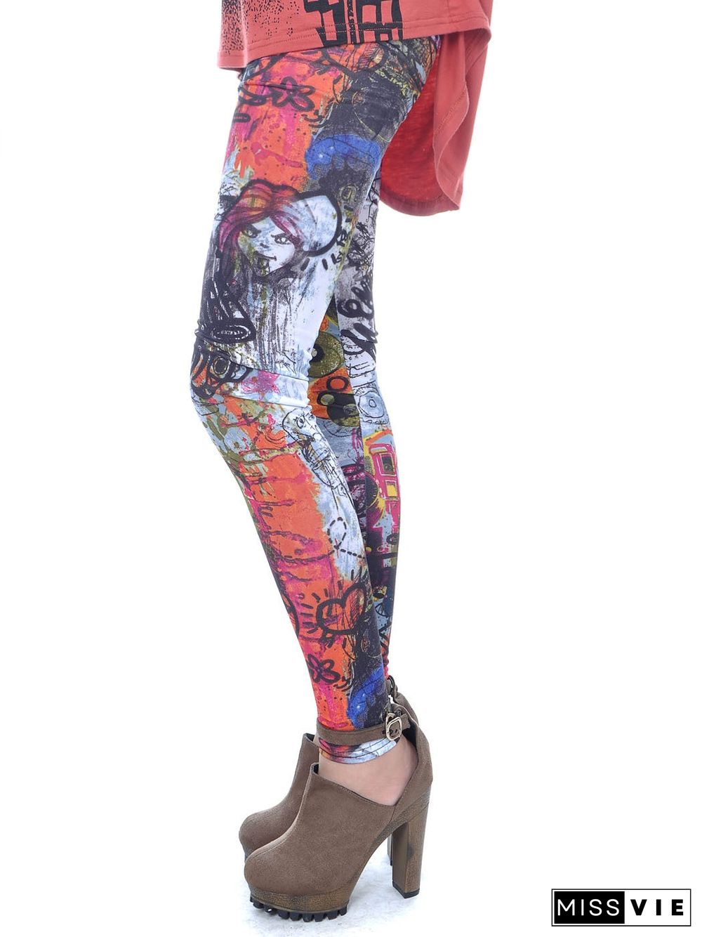 Womens Graffiti Multicolor Skinny Long Pants