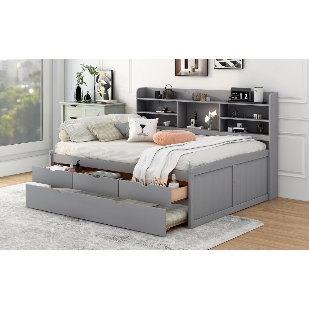 Full Size Storage Daybed with Trundle  Drawers  Bookcase  Solid Wood Captains Bed Frame for Kids Guests  No Box Spring Needed