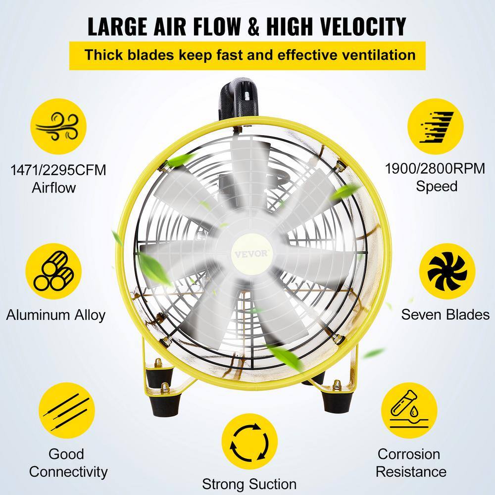 VEVOR Pivoting Utility Blower Fan 12 in. 550 Watt 1471 and 2295 CFM Portable Ventilator with 16 ft. Duct Hose for Exhausting GYGFJST12CSSCD5M1V1