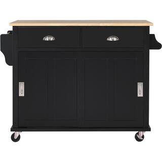 Black Wood 43.5 in. Kitchen Island with Storage Cabinet and 2 Drawers 4 Wheels LN20232775