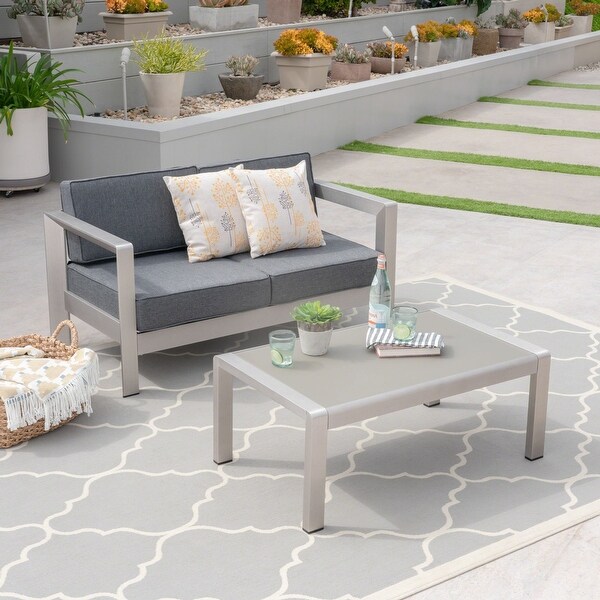 2-Piece Silver Aluminum Outdoor Furniture Patio Chat Set Gray Cushions