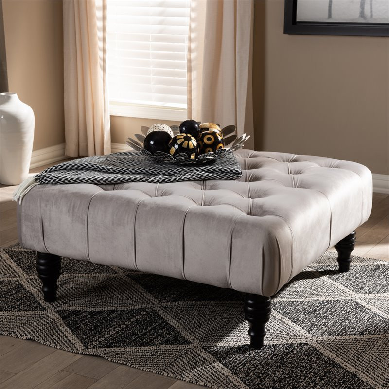 Bowery Hill Grey Velvet Upholstered Button Tufted Ottoman   Traditional   Footstools And Ottomans   by Homesquare  Houzz