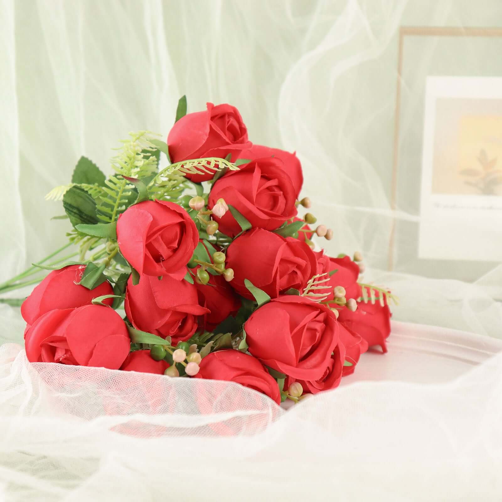 3 Pack Red Real Touch Artificial Rose Bud Flower Bridal Bouquets, Silk Floral Bush Arrangements 13