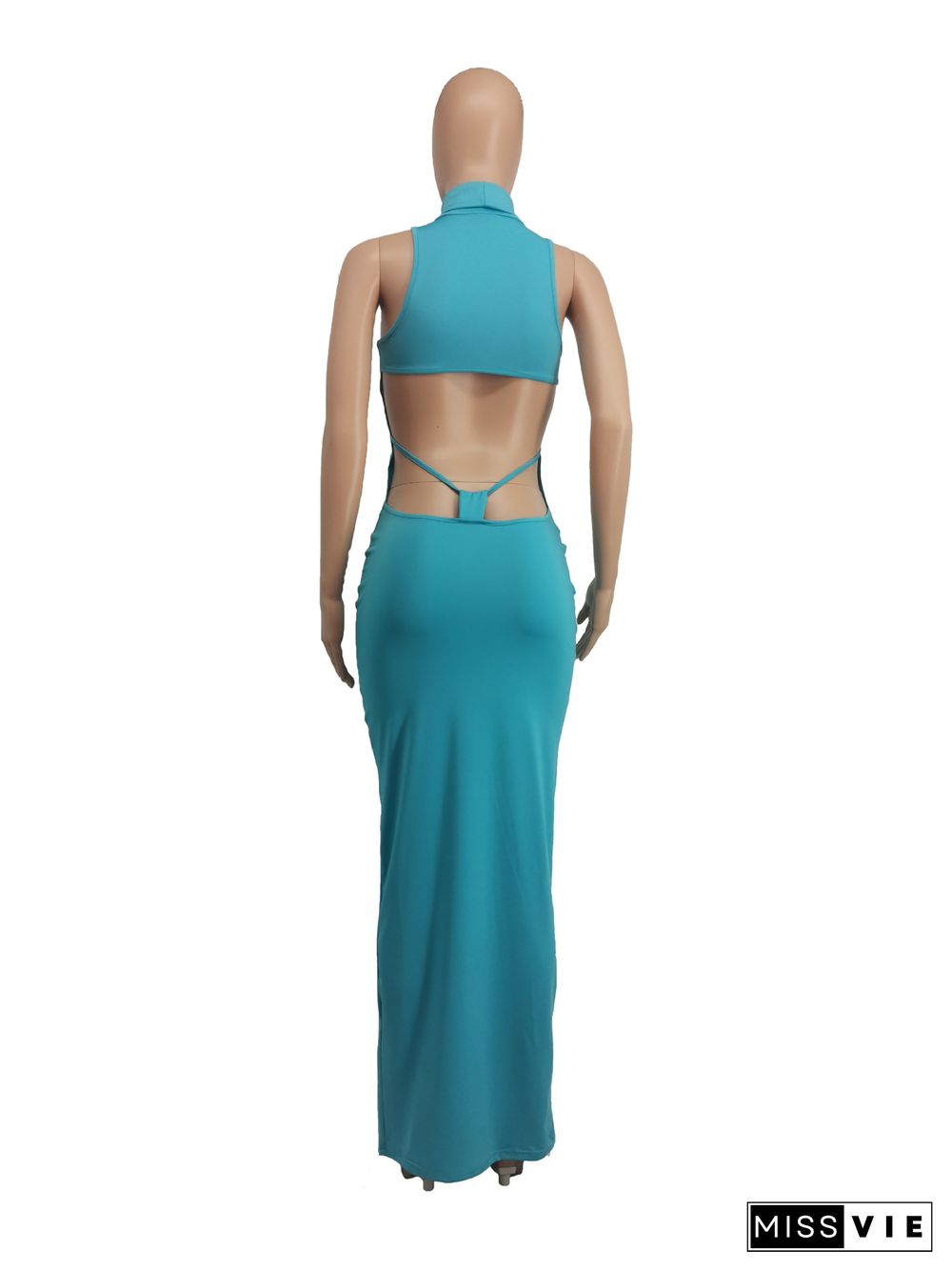 Solid Color Turtleneck Sleeveless Sexy Hollow Out Backless High Waist Skinny Split Party Long Dress