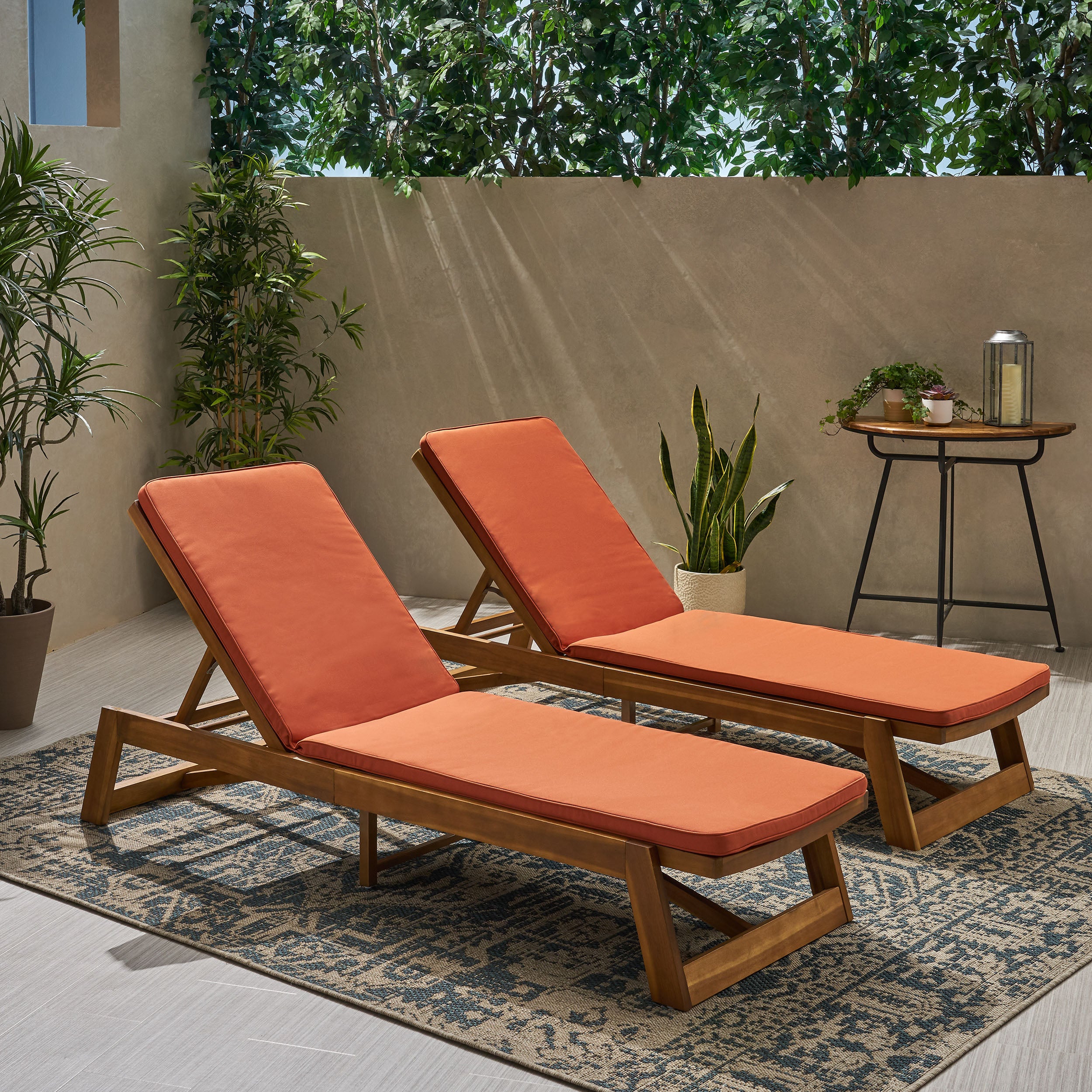 Tina Outdoor Acacia Wood Chaise Lounge and Cushion Sets (Set of 2)