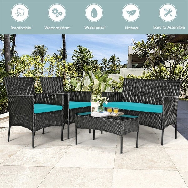 4 Pieces Patio Rattan Cushioned Sofa Set with Tempered Glass Table - Overstock - 37909379