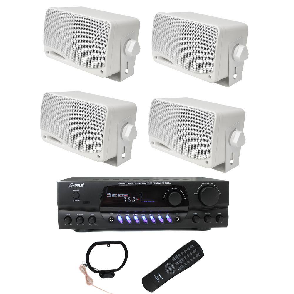 Pyle Four 200-Watt Outdoor Speakers Plus PT260A 200-Watt Stereo Theater Receiver 2 x PLMR24 + PT260A