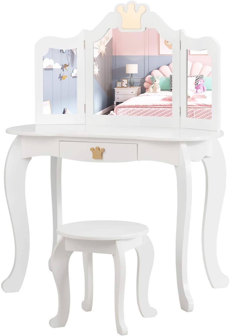 Costzon Kids Vanity Table and Chair Set,2 in 1 Vanity Set with Detachable Top, Pretend Beauty Play Vanity Set for Girls