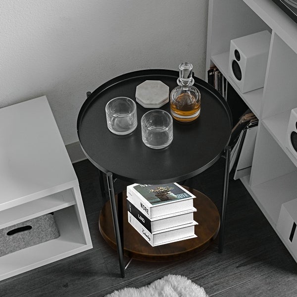 Round Wood Side Table with Storage， 2 Layer Black Metal Frame End Table