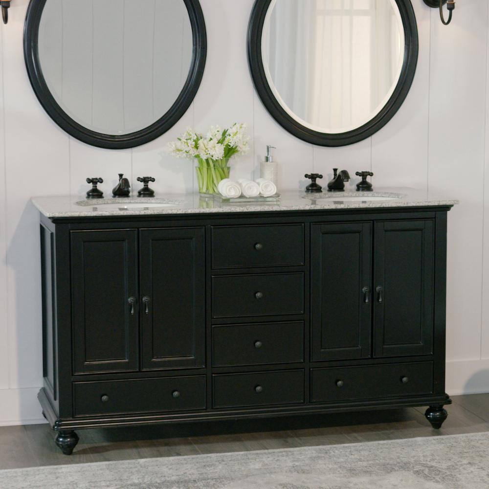 Home Decorators Collection Newport 61 in. W x 21-12 in. D Double Bath Vanity in Black with Granite Vanity Top in Gray 9085-VS61H-BK