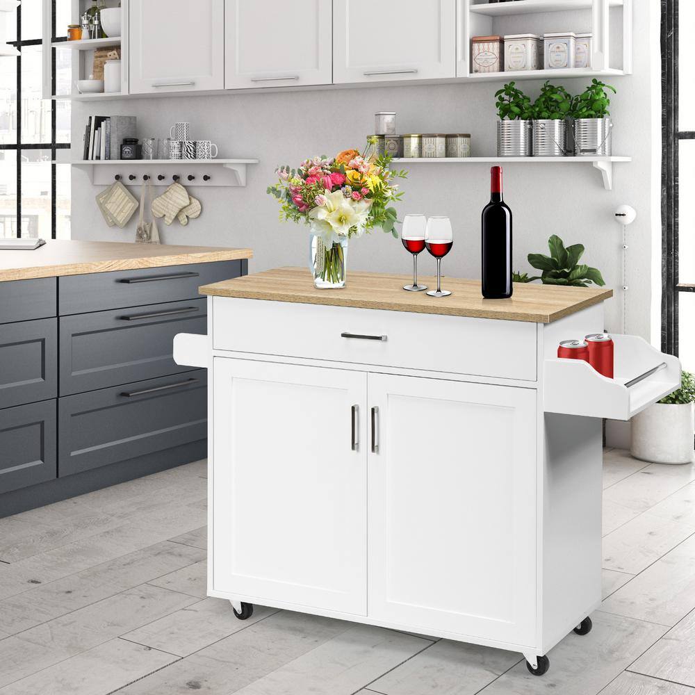 ANGELES HOME White Wood Top Small Rolling Kitchen Island Cart with Towel and Spice Rack Kitchen Island on Wheels M51-8KC983WH