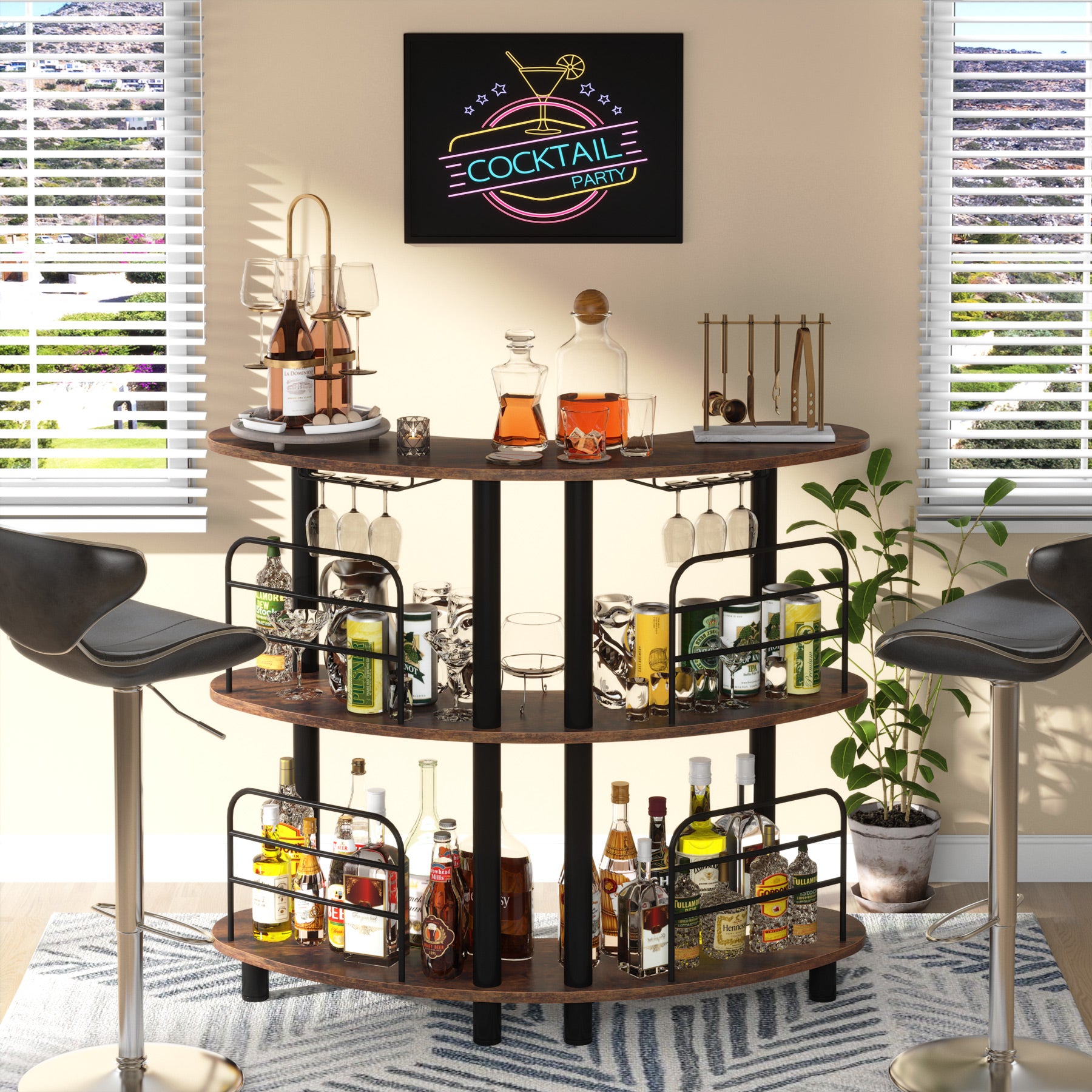 3-Tier Bar Unit, Liquor Bar Cabinet with Storage Shelves