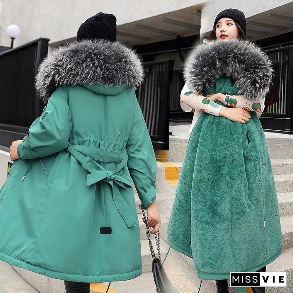 Fashion Long Lamb Hair Liner Parker Cotton Jacket Coat New Warm Women'S Winter Jackets Belt Big Faux Fur Coats Parkas